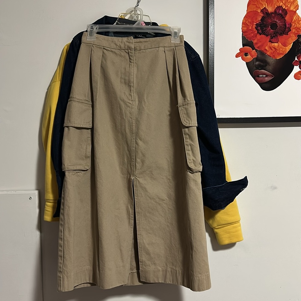 Tan Midi A-Line Skirt w/ Cargo Pockets